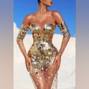 Gold Strapless Dress With Sequins L